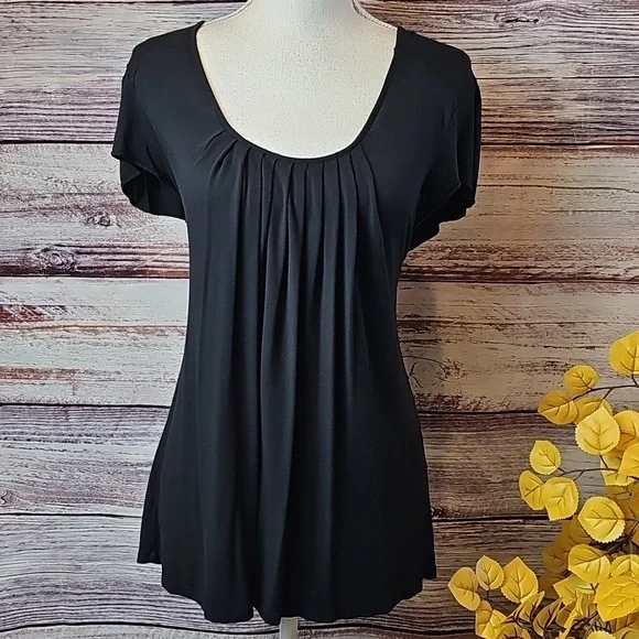 MICHAEL MICHAEL KORS BLACK PLEATED SHORT FLUTTER SLEEVE PULLOVER TOP - Picture 2 of 9